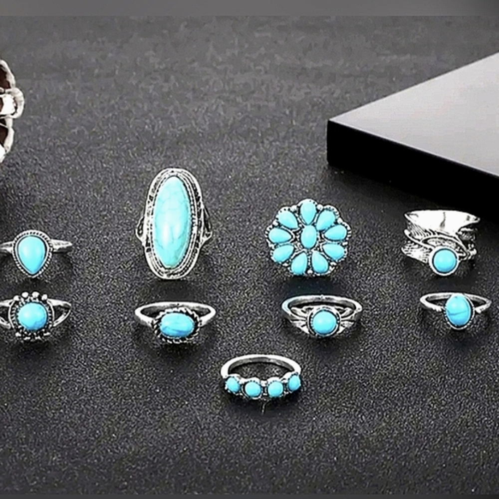 20 Boho Rings Blue Silvery Western Bohemian Style Silver Tone Rodeo Jewelry - Picture 4 of 5